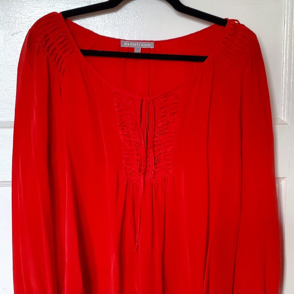 Orange Daniel Rainn Smocked Back Pleated Detail Tie Neck Blouse